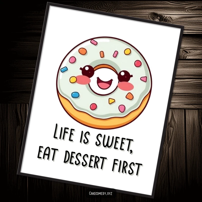 Funny free printable wall art of a happy donut with sprinkle buttons spinning with pure, sugary delight.