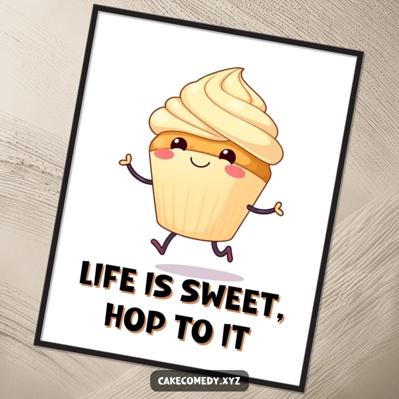 Funny Free Printable Wall Art: A smiling cupcake with tiny legs performing a joyful hop, radiating happiness.