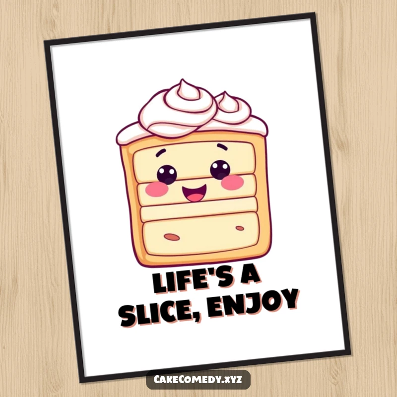 Funny Free Printable Cake Wall Art: A happy slice of cake with frosting swirls radiates pure joy, a sweet decor piece.
