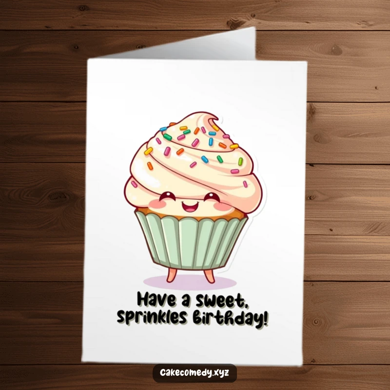 Funny Free Printable Birthday Card: Smiling cupcake with sprinkle hair, bouncing with joy and birthday cheer.
