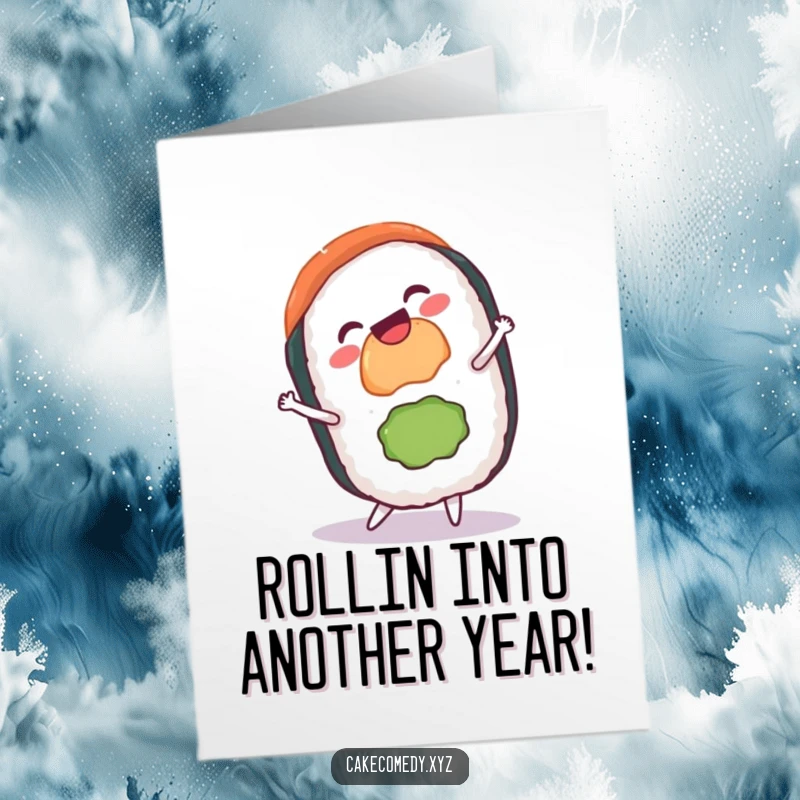 Funny Free Printable Birthday Card: A gleeful sushi roll with a grin performs a cartwheel, perfect for a print-at-home birthday wish.