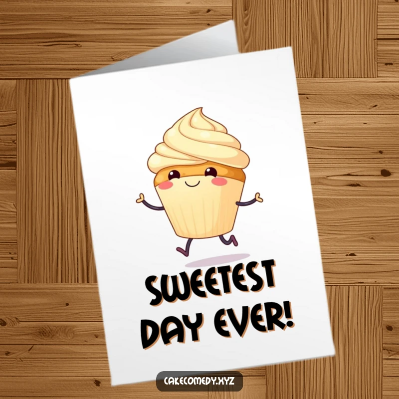 Funny Free Printable Birthday Card: A smiling cupcake with tiny legs doing a joyful hop, celebrating a birthday.