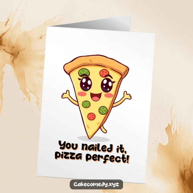 Funny Free Printable Congrats Card: A cheerful pizza slice with eyes dances energetically, a fantastic print-at-home congratulatory message.