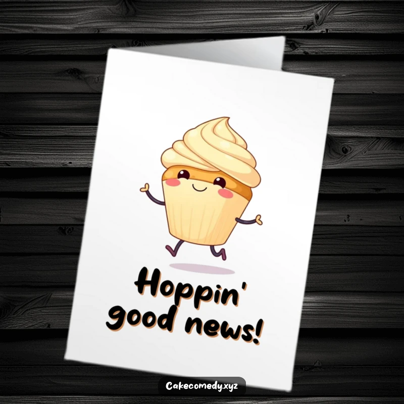 Funny Free Printable Congratulations Card: A smiling cupcake with tiny legs joyfully hops, celebrating a successful occasion.