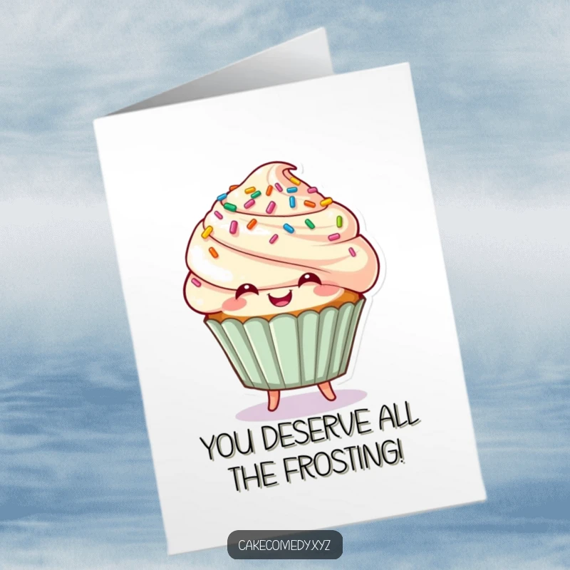 Funny Free Printable Congratulations Card: Smiling cupcake with sprinkles, bouncing with excitement to celebrate success.