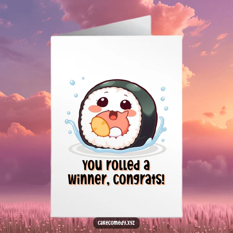 Funny free printable congratulations card showing a giggling sushi roll with tiny fins splashing playfully.