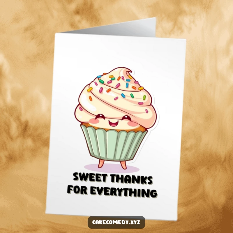 Funny Free Printable Thank You Card: Smiling cupcake with sprinkle hair, bouncing with joy to say thanks.