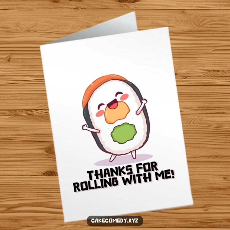 Funny Free Printable Thank You Card: A gleeful sushi roll with a grin performs a cartwheel, a fun print-at-home thank you note.