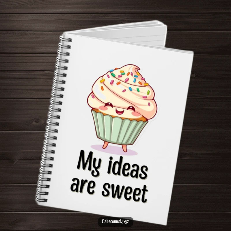 Funny cupcake character with sprinkle hair bouncing joyfully on a notebook, a humorous journal for sweet people.