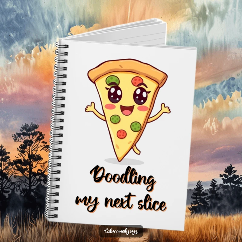 Funny pizza notebook with a cheerful slice of pizza energetically dancing with eyes, ideal for recording humorous thoughts and culinary inspirations.