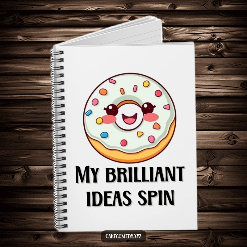 Funny donut notebook with a cheerful, spinning donut and sprinkle buttons on the cover, ideal for jotting down notes whimsically.