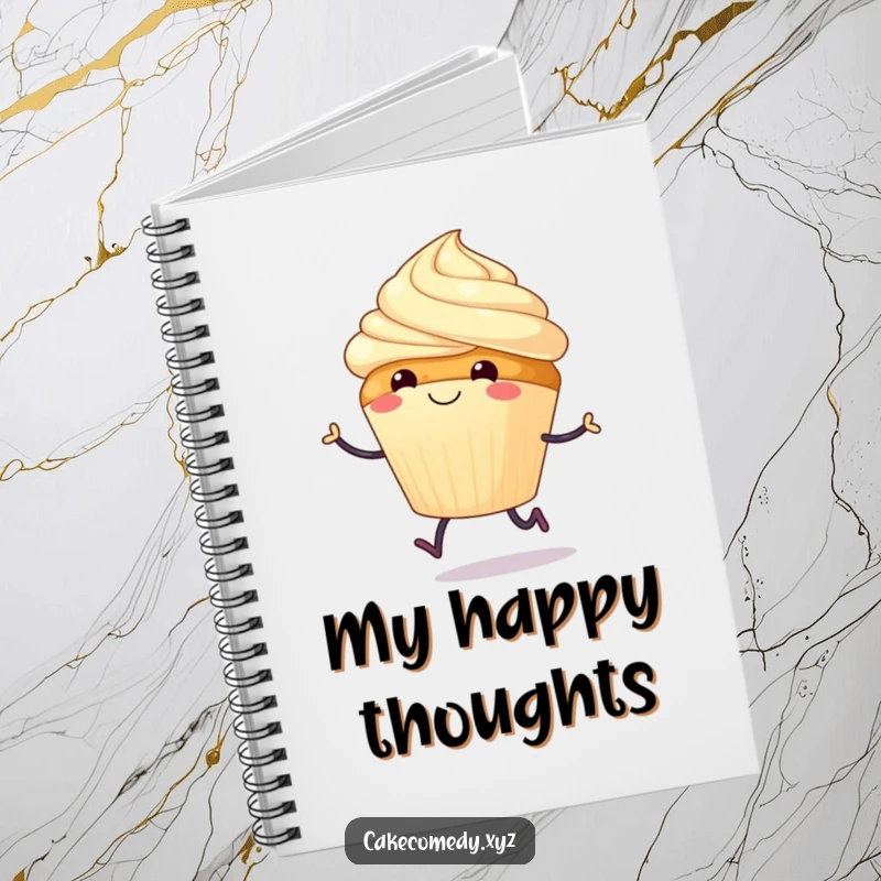 Funny notebook with a smiling cupcake and tiny legs doing a joyful hop, perfect for jotting down happy thoughts.
