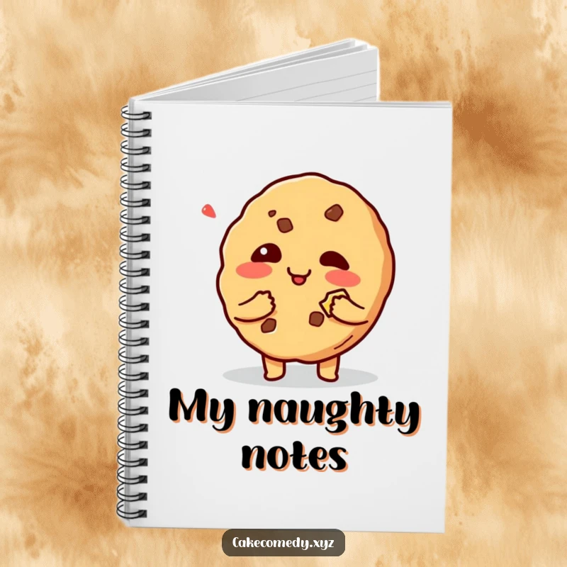 Funny giggling cookie character with a bite mark on a notebook cover, inspiring mischievous thoughts and playful journaling.