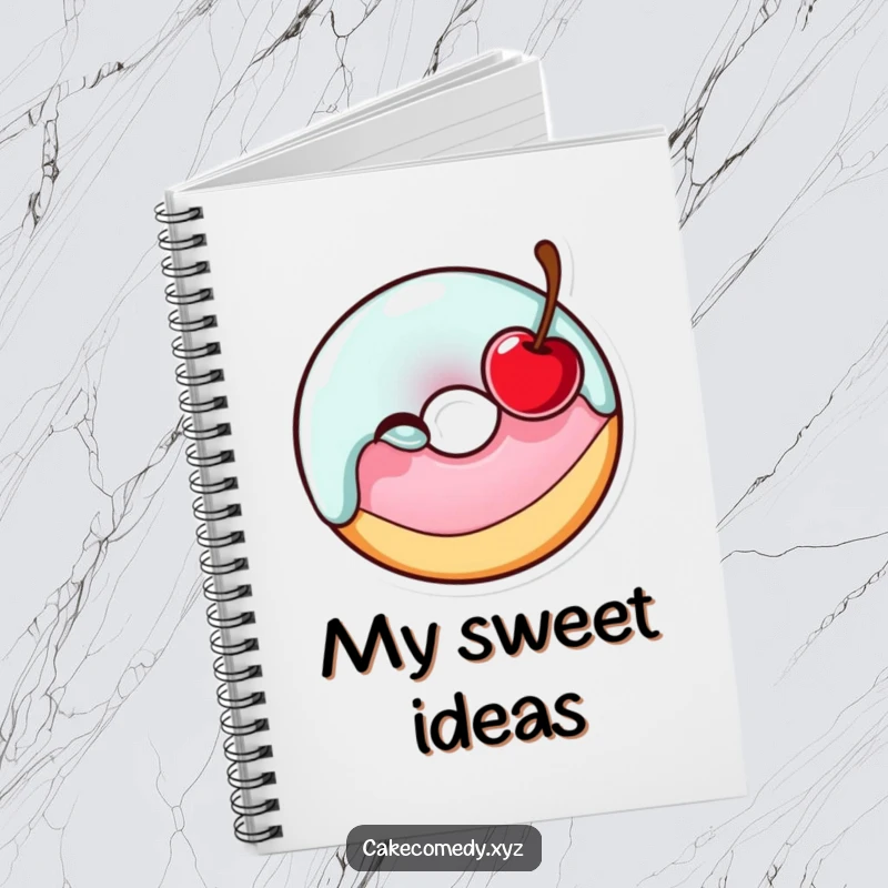 Funny glazed donut character winking with a cherry on a notebook cover, inspiring sweet thoughts and creative writing.