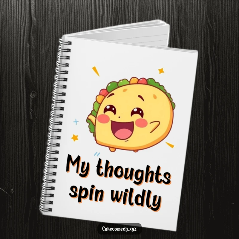 Funny spinning taco notebook featuring a delighted taco with a giddy expression, ideal for jotting down humorous thoughts and exciting ideas.