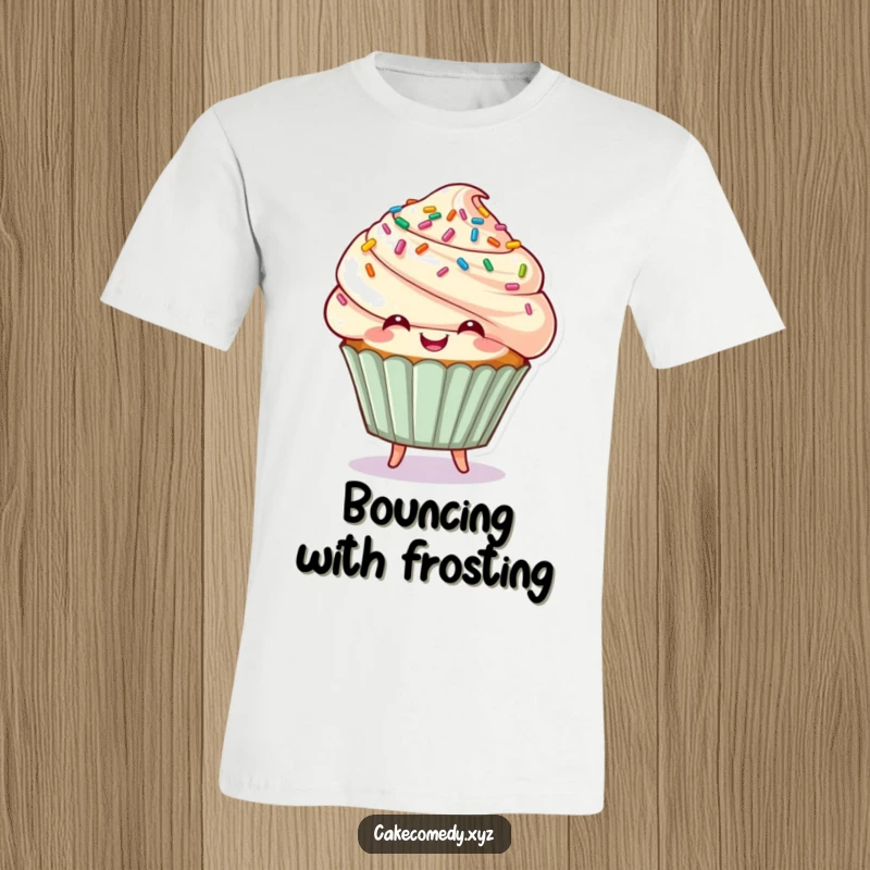 Funny cupcake character with sprinkle hair bouncing with joy on a T-shirt, a sweet and humorous design.
