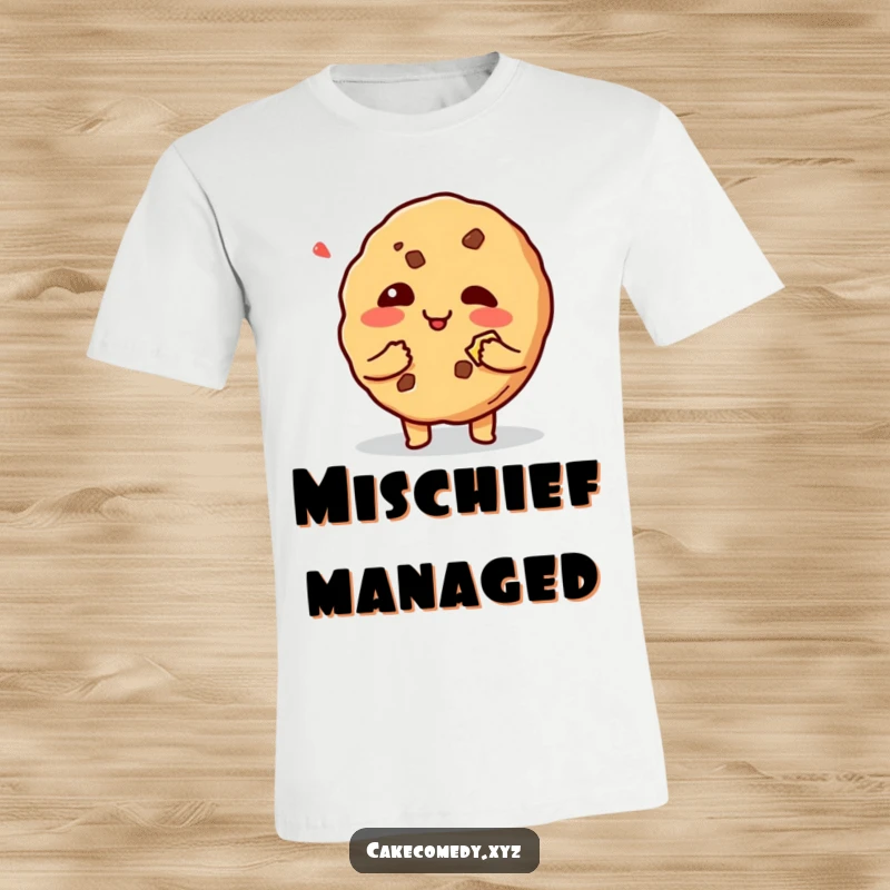 Funny giggling cookie character holding a small bite mark on a t-shirt, exuding a mischievous and playful aura.