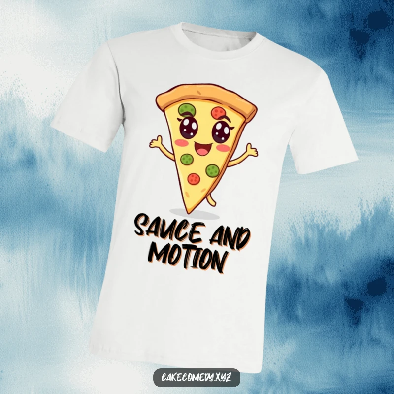 Funny dancing pizza t-shirt design with a cheerful slice of pizza and lively eyes, perfect for energetic and humorous casual wear.
