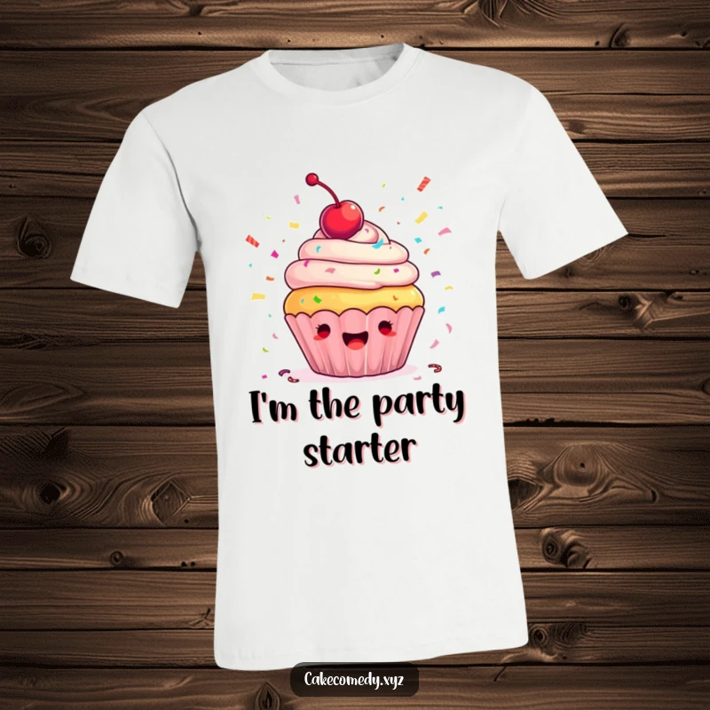 Funny cupcake t-shirt showing an ecstatic cupcake with a cherry on top tossing vibrant confetti, ideal for a cheerful and festive wearable.