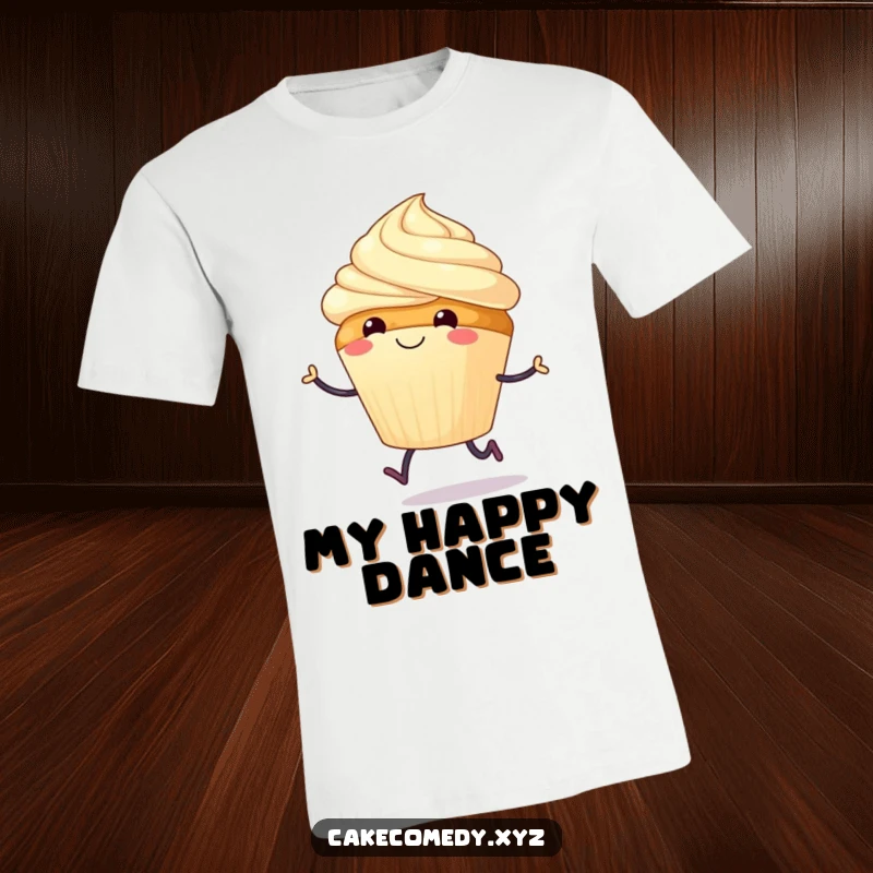 Funny t-shirt showing a smiling cupcake with tiny legs taking a joyful hop, radiating happiness and sweetness.