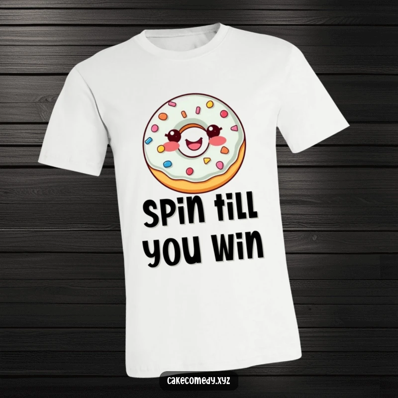 Funny donut t-shirt featuring a happy donut with colorful sprinkle buttons spinning joyfully, a super cute and sweet apparel.