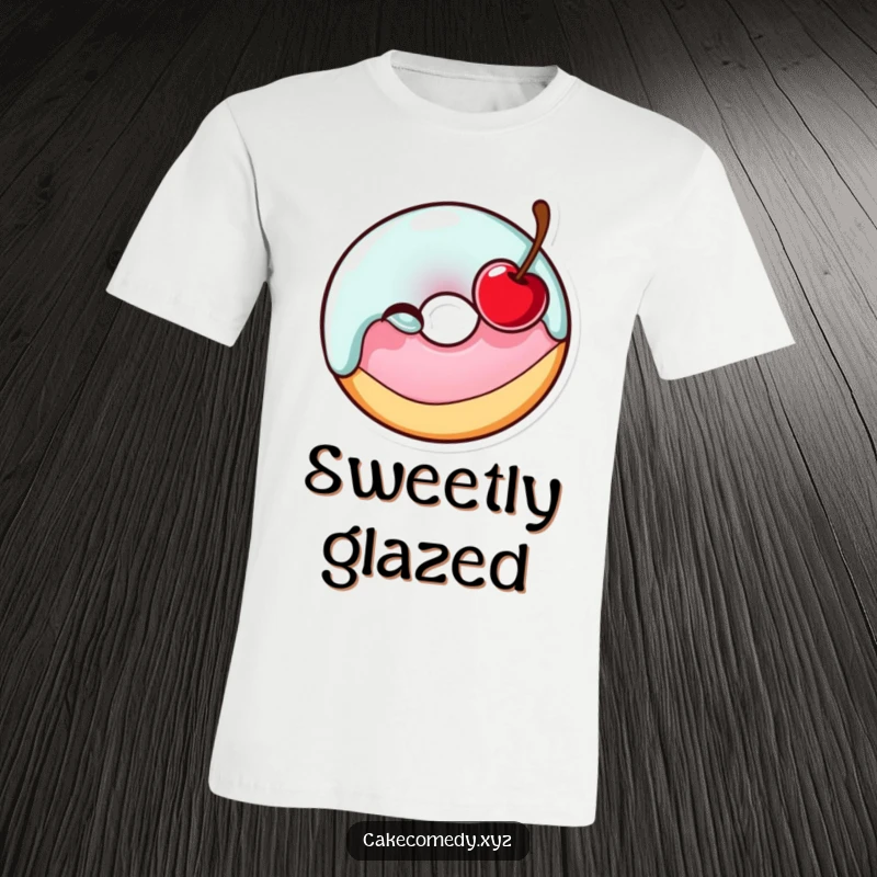 Funny glazed donut character winking with a cherry on a t-shirt, spreading joy and sweetness with its mischievous grin.