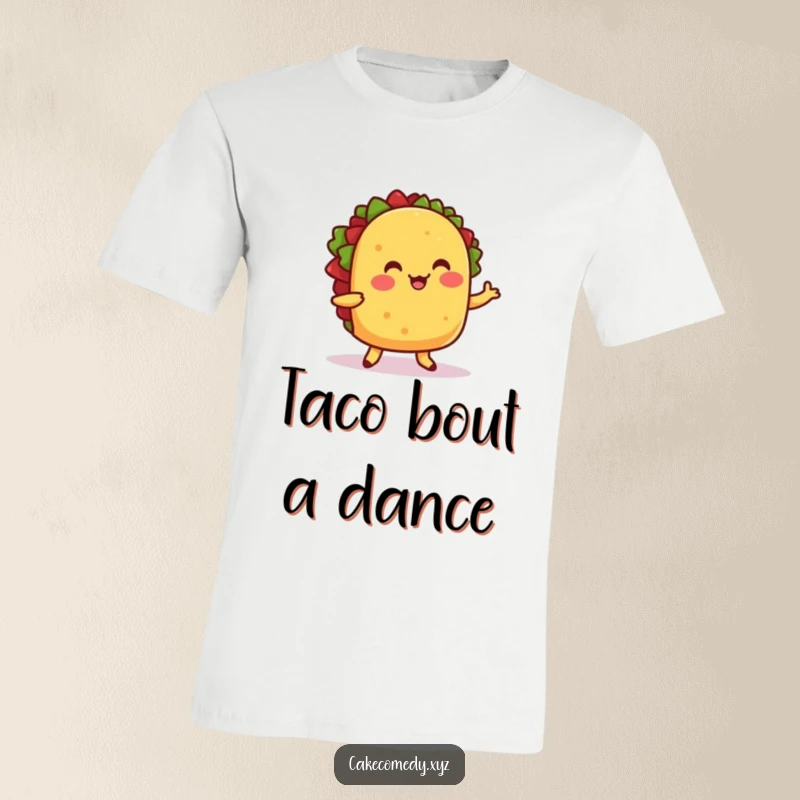 Funny t-shirt with a cheerful taco dancing and wiggling its feet, showcasing a fun and festive food theme.