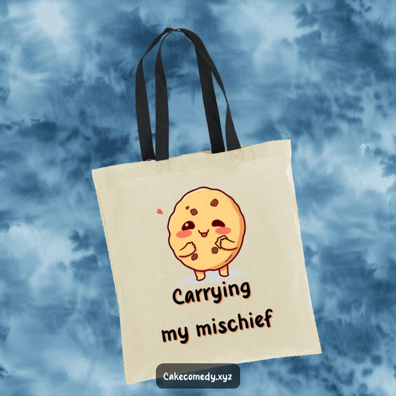 Funny giggling cookie character holding a bite mark on a tote bag, showcasing mischief and making everyday tasks fun.