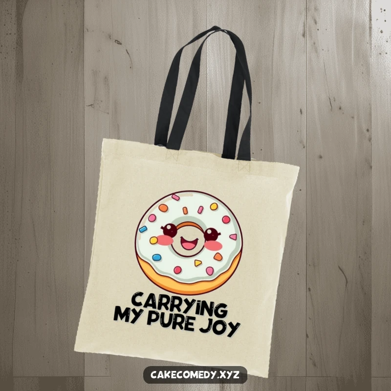 Funny donut tote bag showcasing a delighted donut with vibrant sprinkle buttons, perfect for carrying groceries and radiating happiness.