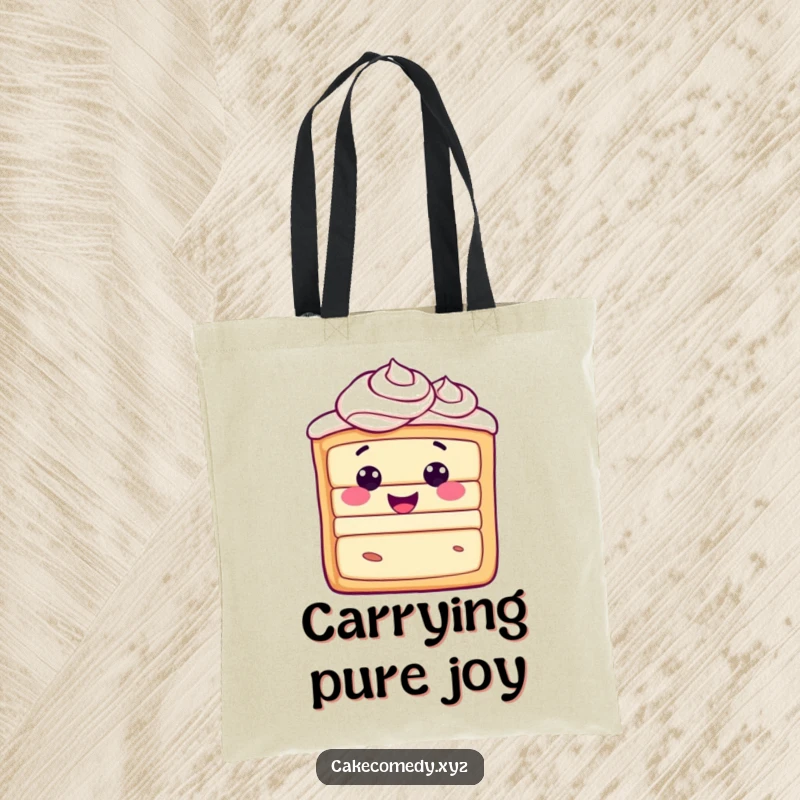 Funny happy cake slice character with frosting swirls on a tote bag, radiating pure joy and adding charm to errands.