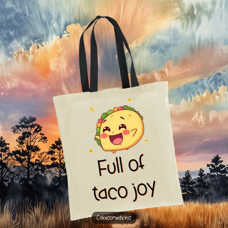 Funny spinning taco tote bag showcasing a delighted taco with a giddy expression, perfect for carrying items with a humorous and festive flair.