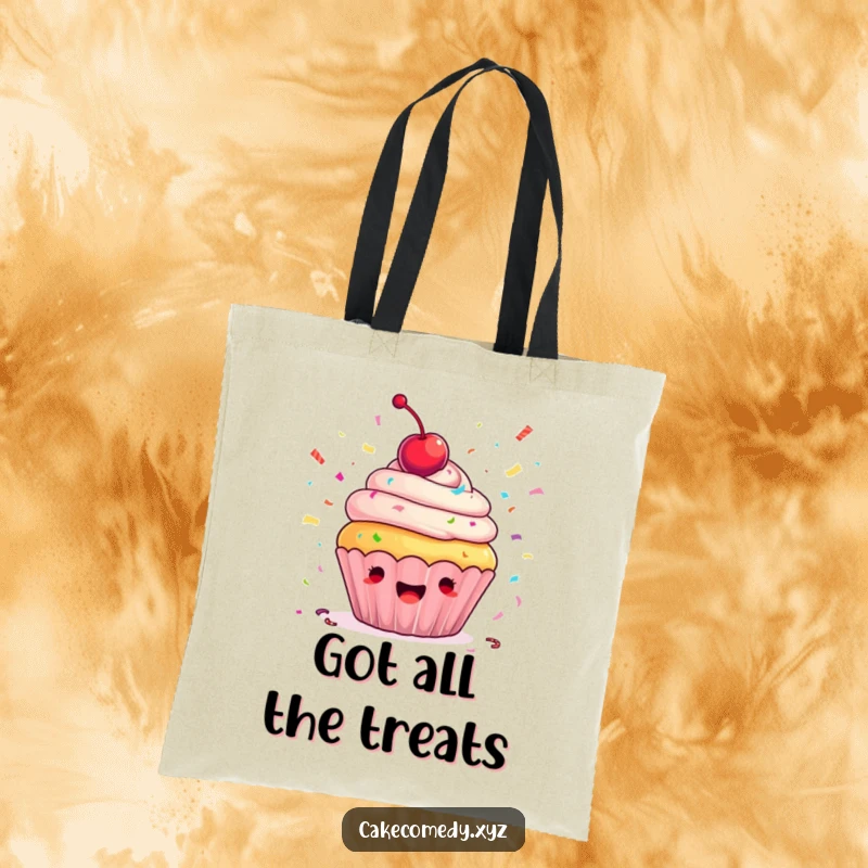 Funny cupcake tote bag featuring an ecstatic cupcake with a cherry on top, throwing a shower of confetti, perfect for a stylish and humorous accessory.
