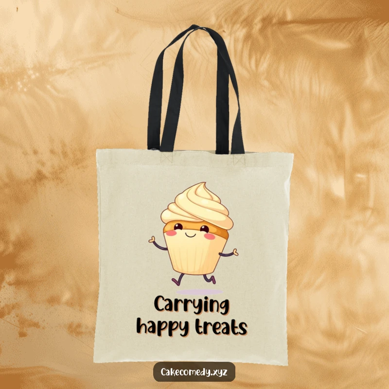 Funny tote bag with a smiling cupcake and tiny legs doing a joyful hop, symbolizing happiness and sweetness.