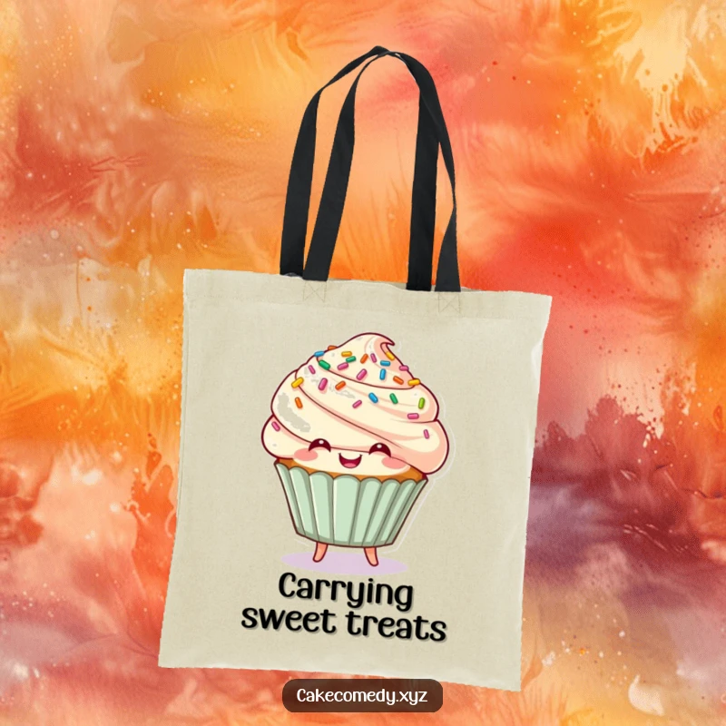 Funny cupcake character with sprinkle hair bouncing happily on a tote bag, a sweet and humorous accessory.