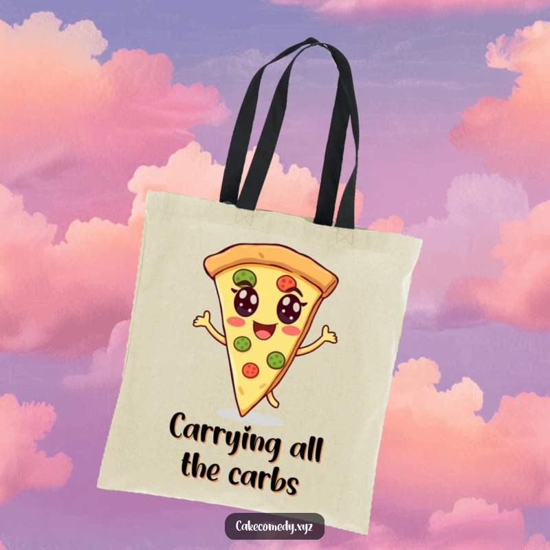 Funny pizza tote bag with a cheerful slice of pizza energetically dancing, perfect for carrying items with a humorous and food-loving flair.